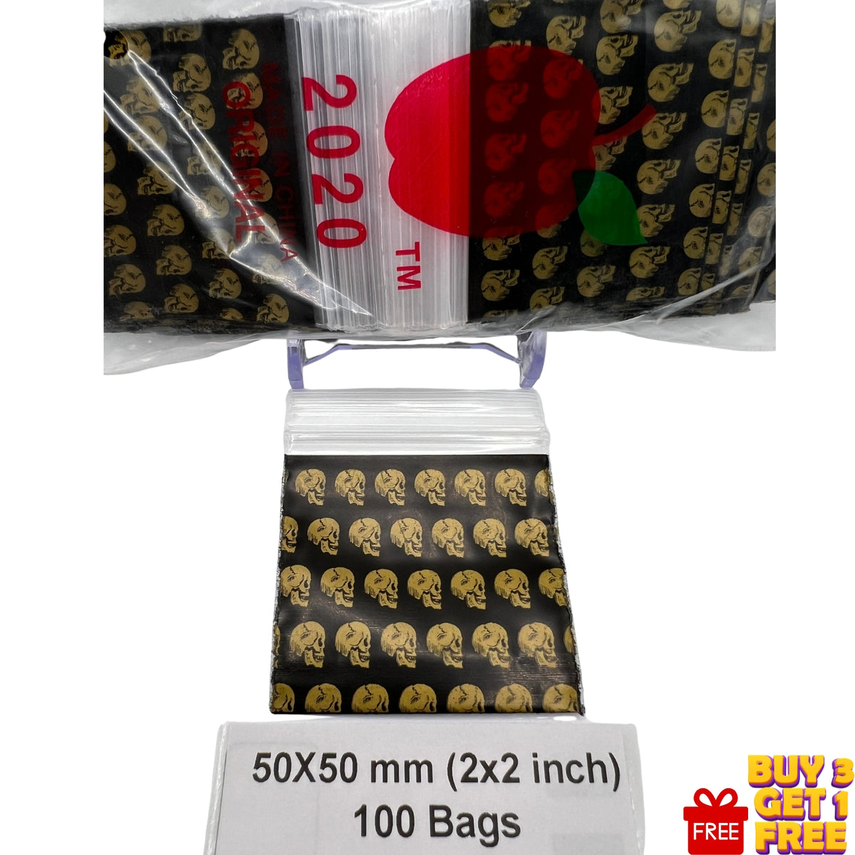 Close-up of SKULL printed 50x50mm (2x2 inch) resealable grip seal bag