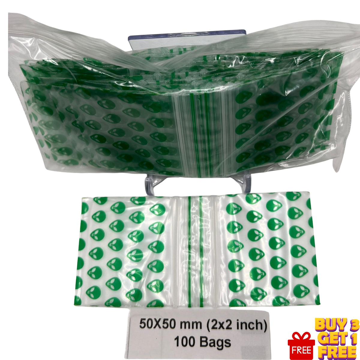 50x50mm (2x2 inch) Green Alien printed resealable plastic zip bags, 100 pack