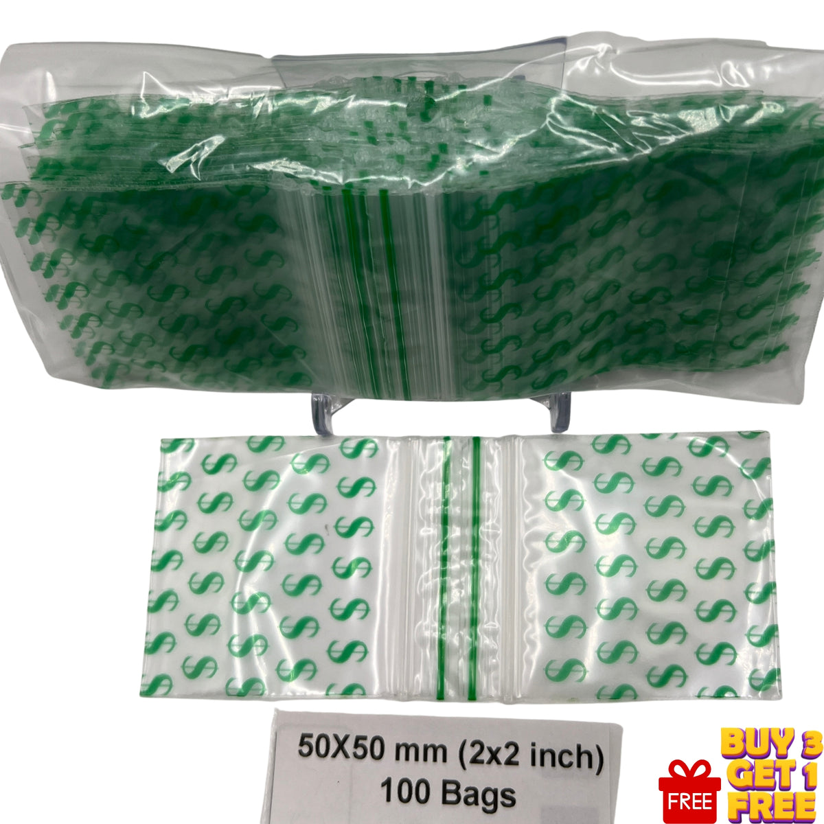 50x50mm (2x2 inch) Dollars printed plastic baggies, pack of 100
