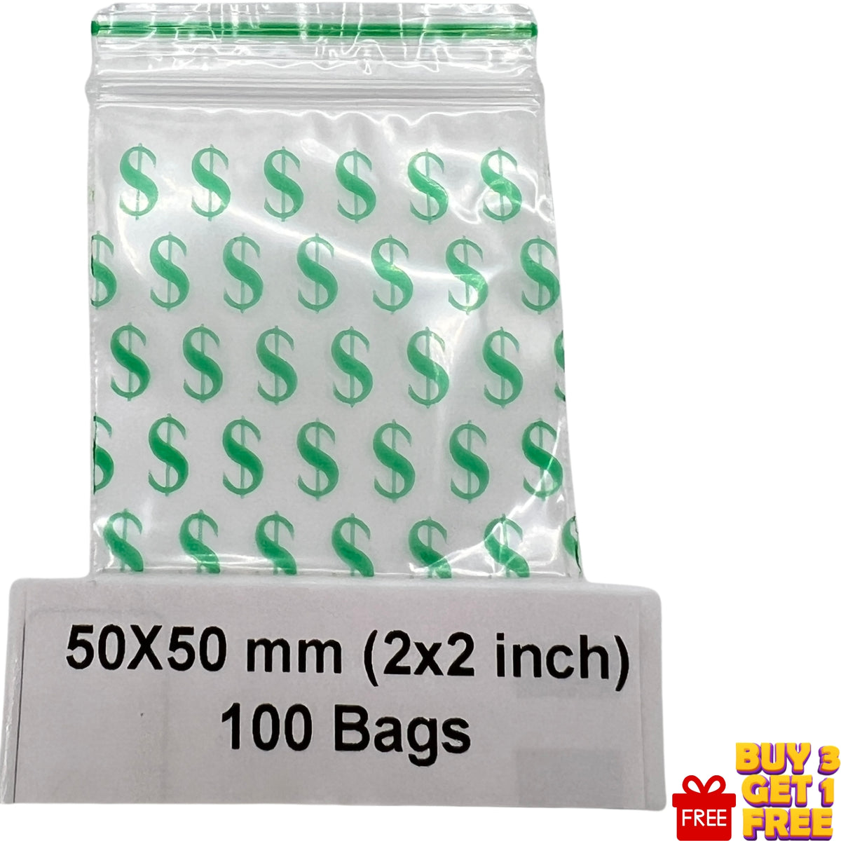 Close-up of Dollars printed 50x50mm (2x2 inch) resealable poly bag