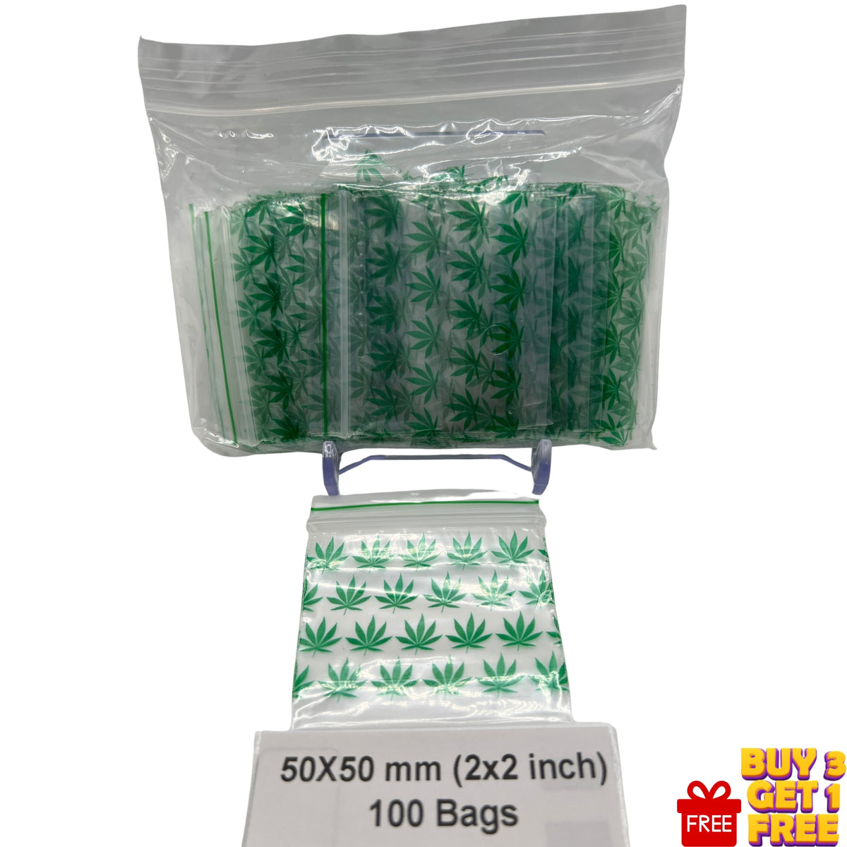 Close-up of Green Leaf printed 50x50mm (2x2 inch) poly grip seal bag