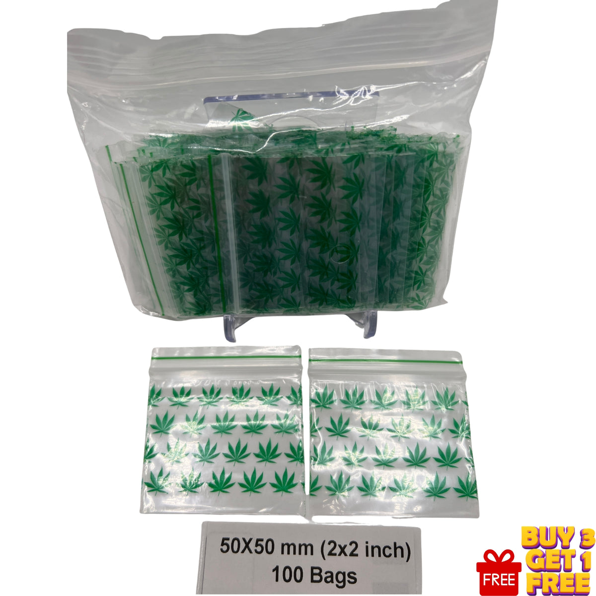 50x50mm (2x2 inch) Green Leaf printed resealable plastic bags, pack of 100