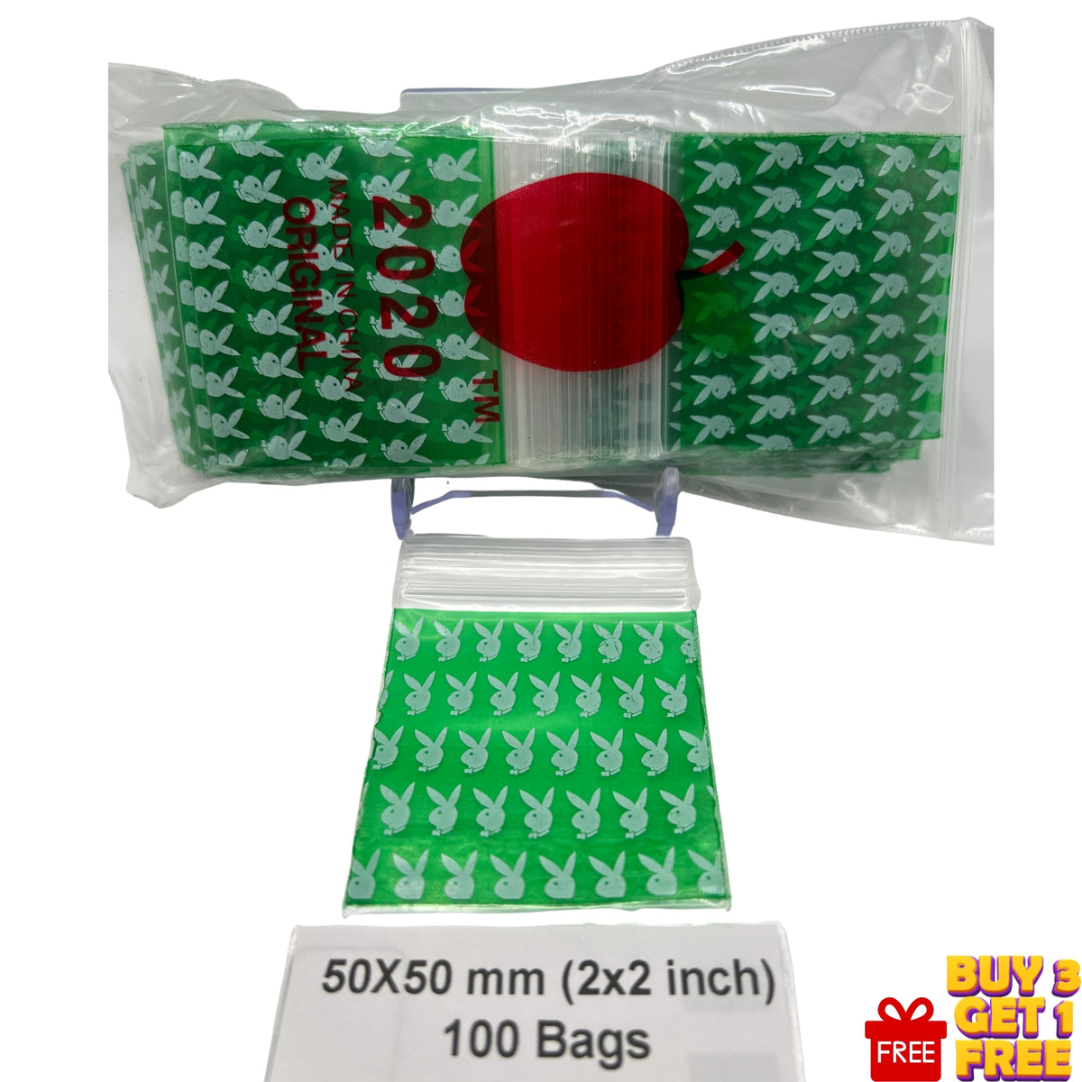 Close-up of Green Rabbit printed 50x50mm (2x2 inch) plastic grip seal bag
