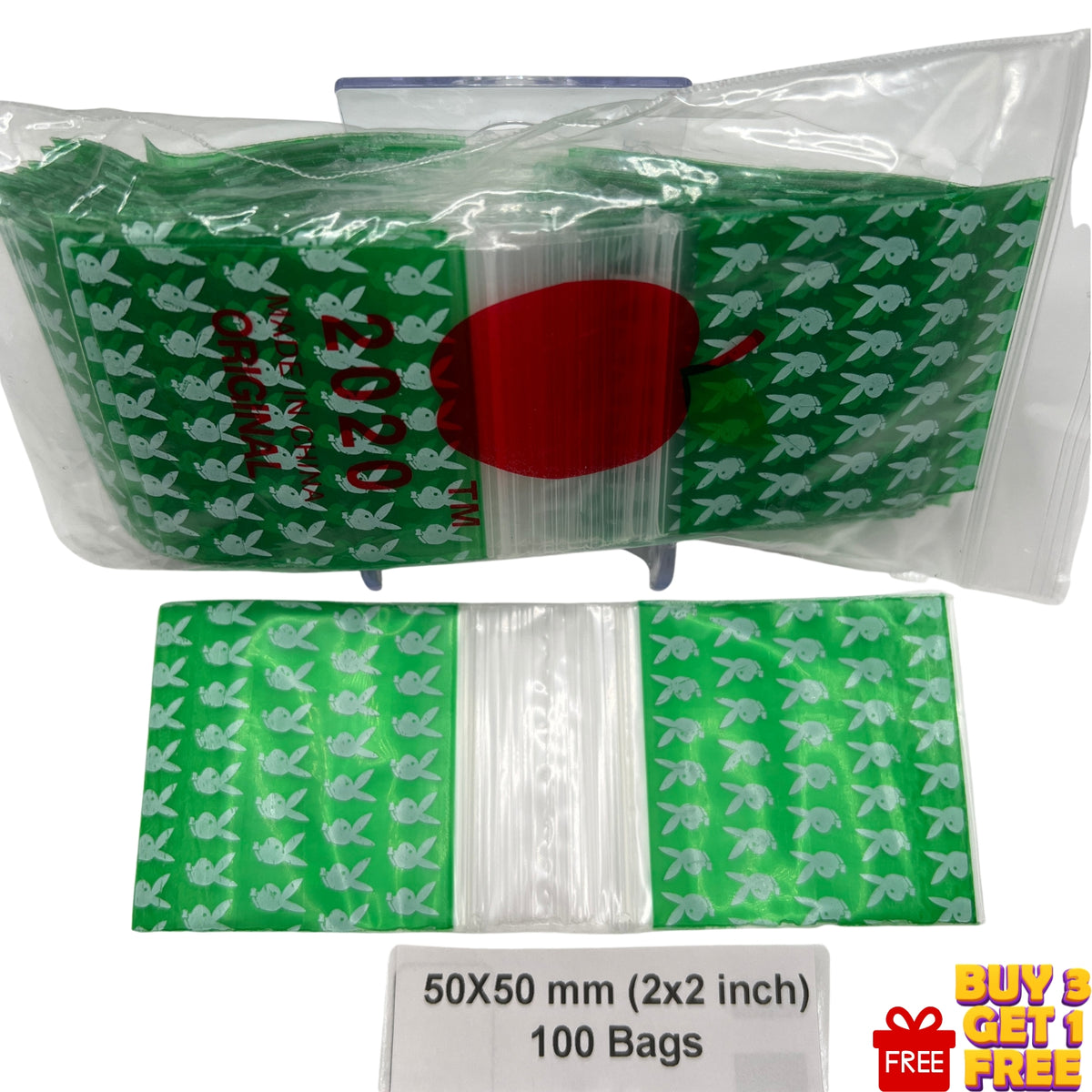 50x50mm (2x2 inch) Green Rabbit printed resealable poly bags, pack of 100