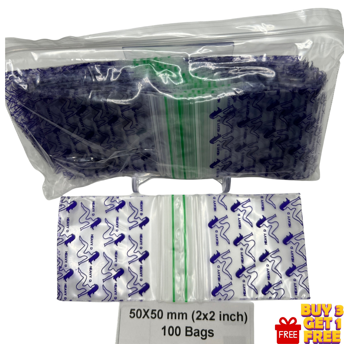 50x50mm (2x2 inch) Lady Heavy D printed plastic baggies, 100 pack