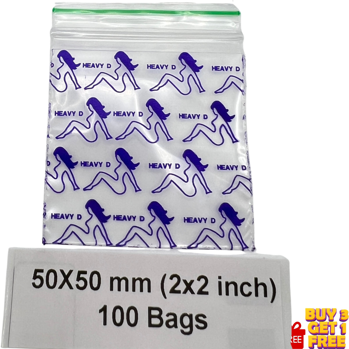 A clear plastic zipper bag with a purple silhouette pattern and 'HEAVY D' text, shown above a white label indicating '50X50 mm (2x2 inch) 100 Bags'.