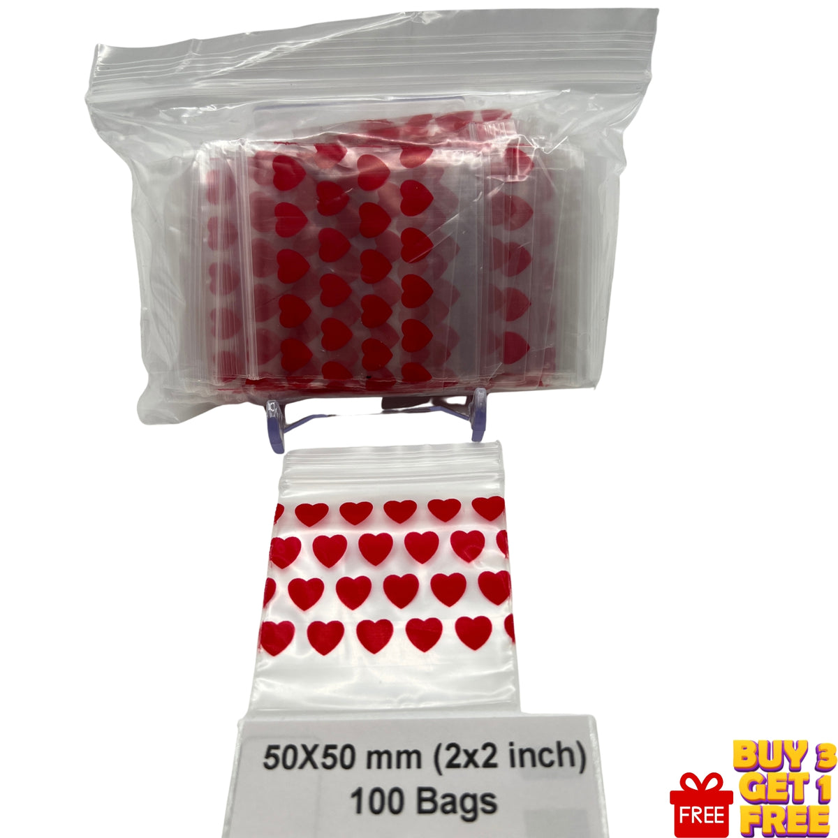 Close-up of Love Hearts printed 50x50mm (2x2 inch) poly baggie with zip seal
