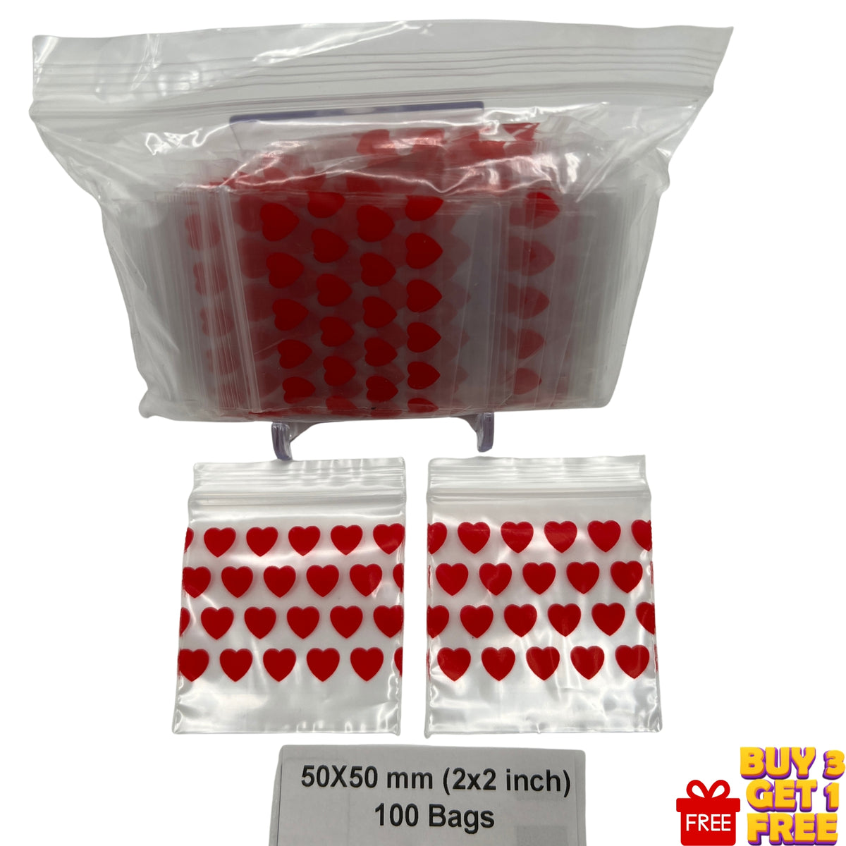 50x50mm (2x2 inch) Love Hearts printed resealable plastic zip bags, pack of 100