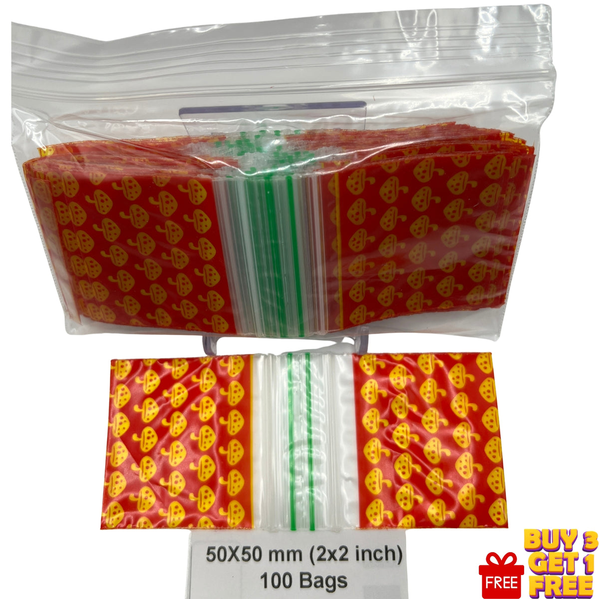 50x50mm (2x2 inch) Mushroom printed poly baggies with zip seal, pack of 100