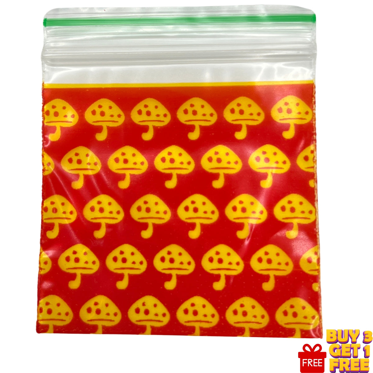 Close-up of Mushroom printed 50x50mm (2x2 inch) resealable plastic bag