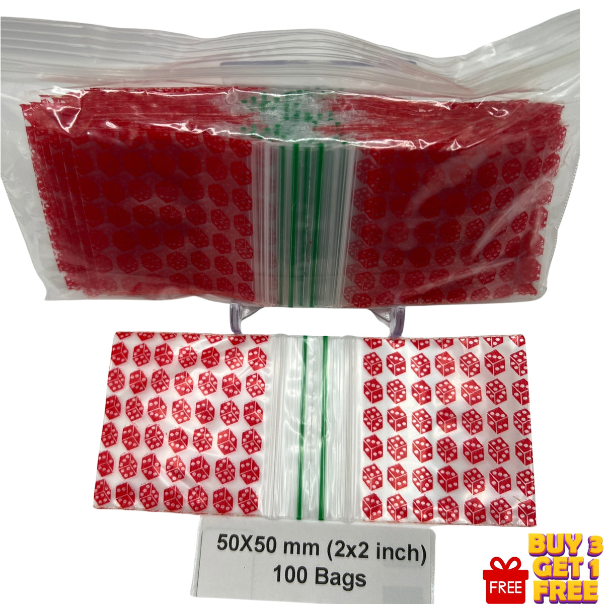 50x50mm (2x2 inch) Red Dice printed plastic zip seal bags, pack of 100