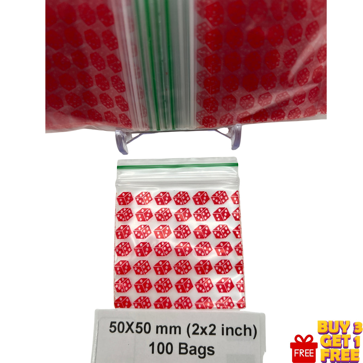 Close-up of Red Dice printed 50x50mm (2x2 inch) resealable baggie