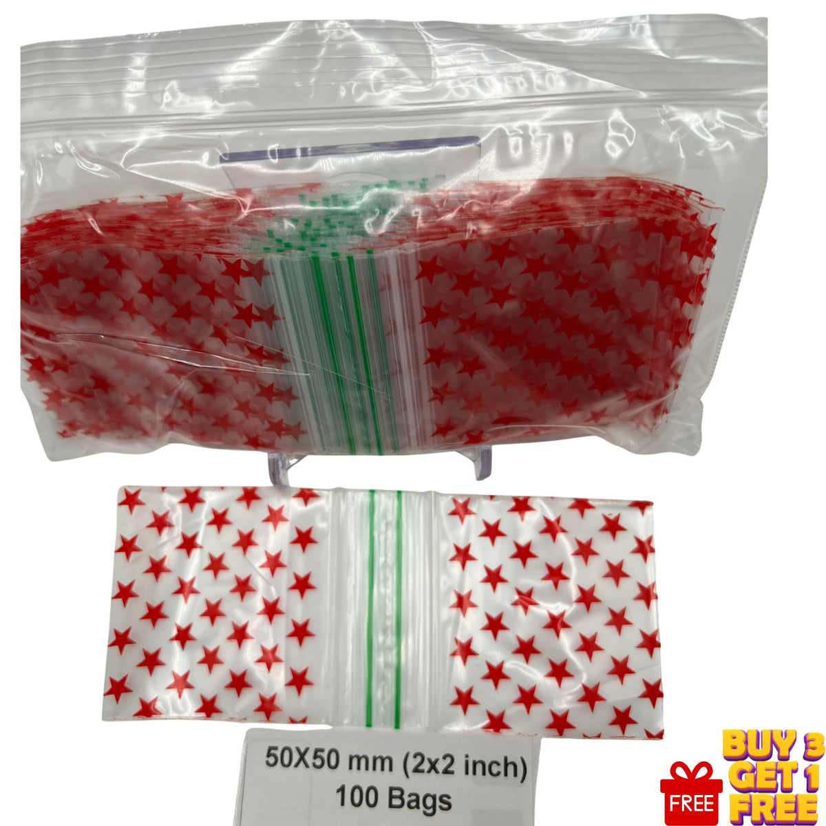50x50mm (2x2 inch) Red Star printed resealable plastic zip bags, 100 pack