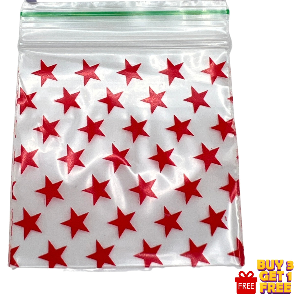 Close-up of Red Star design on a 50x50mm (2x2 inch) grip seal baggie