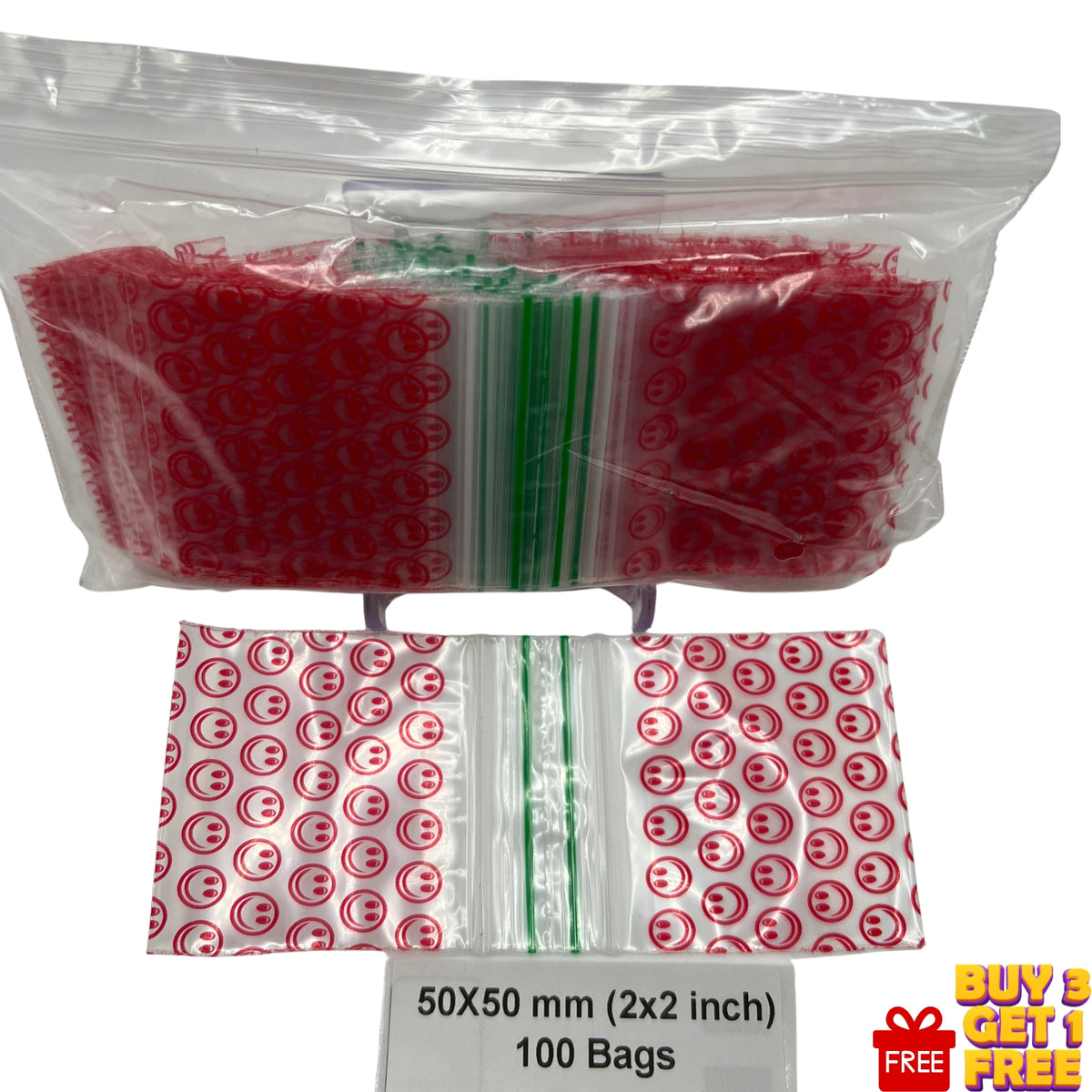 50x50mm (2x2 inch) Red Smiling Face printed resealable plastic bags, 100 pack