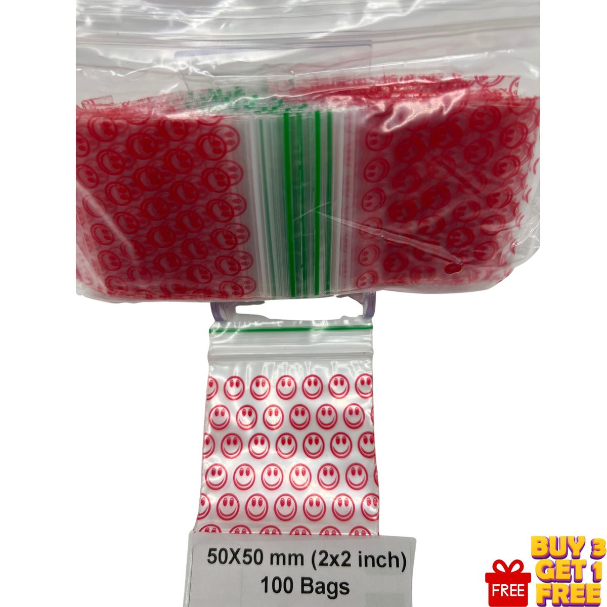 Close-up of Red Smiling Face design on a 50x50mm (2x2 inch) poly baggie
