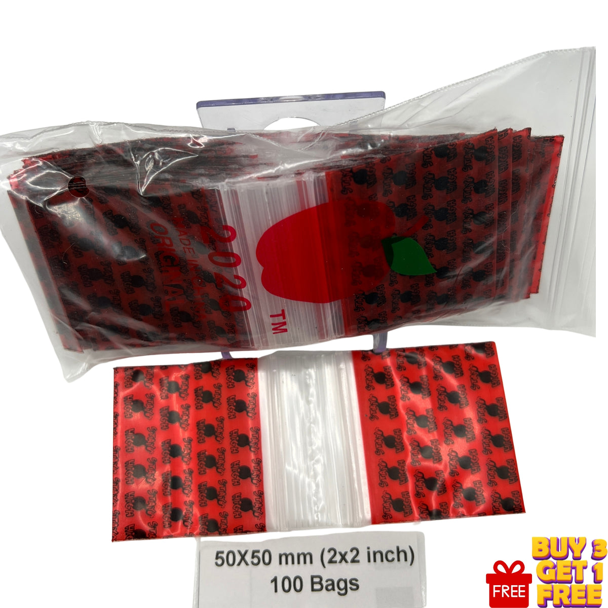50x50mm (2x2 inch) Stay High printed resealable plastic zip bags, pack of 100