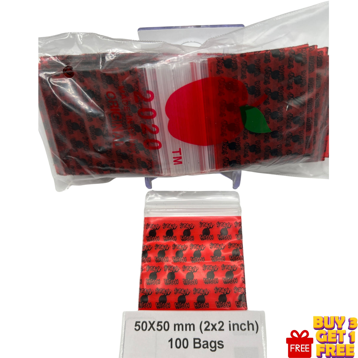 Close-up of Stay High printed 50x50mm (2x2 inch) poly baggie