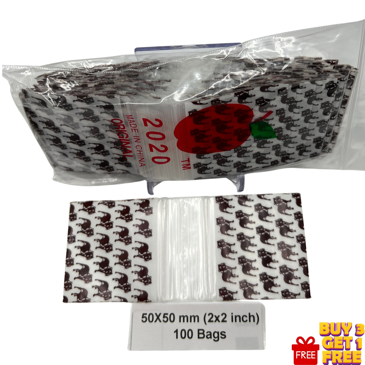 50x50mm (2x2 inch) Top Dog printed resealable plastic bags, 100 pack