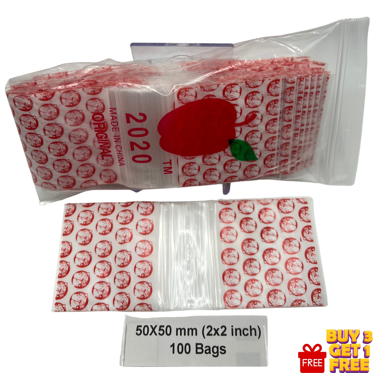 50x50mm (2x2 inch) Bulldog White printed plastic baggies, 100 pack