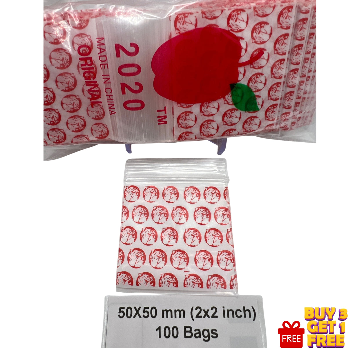Close-up of Bulldog White design on a 50x50mm (2x2 inch) resealable zip bag