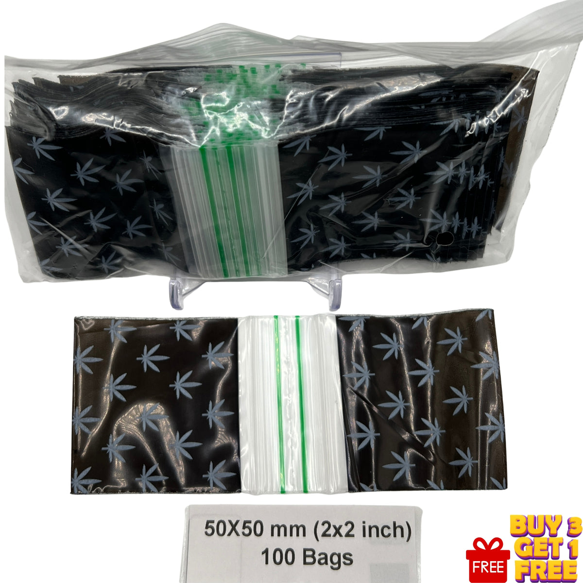 Close-up of White Leaf design on a 50x50mm (2x2 inch) resealable poly baggie