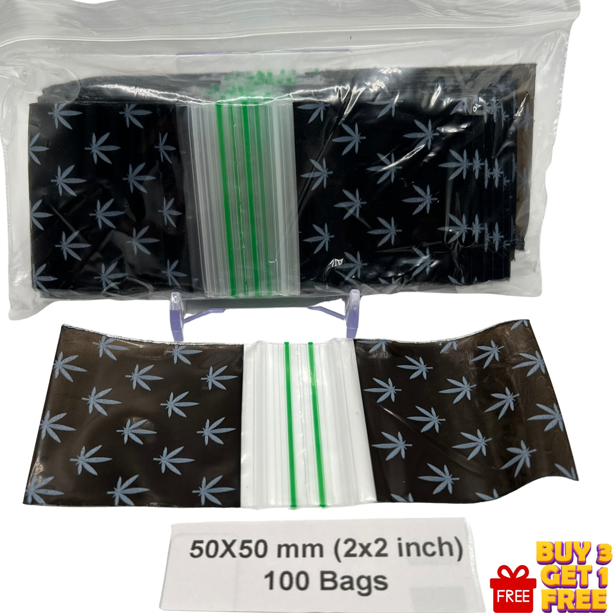 50x50mm (2x2 inch) White Leaf printed plastic zip bags, 100 pack