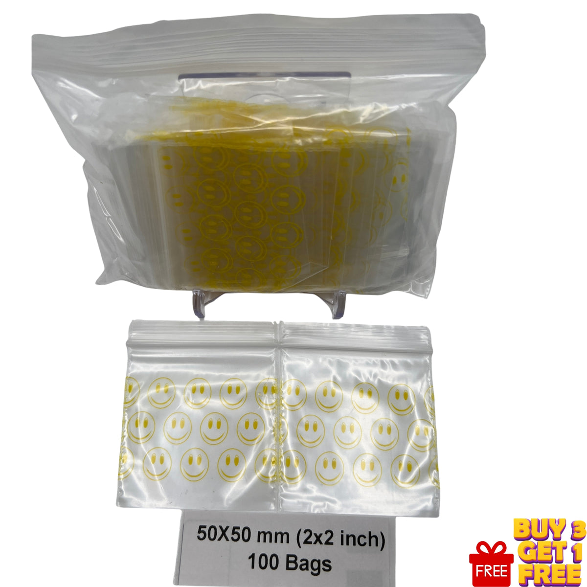 Pack-of-100 photo: 50x50mm (2x2 inch) Yellow Smiling Face printed resealable plastic zip bags, pack of 100.