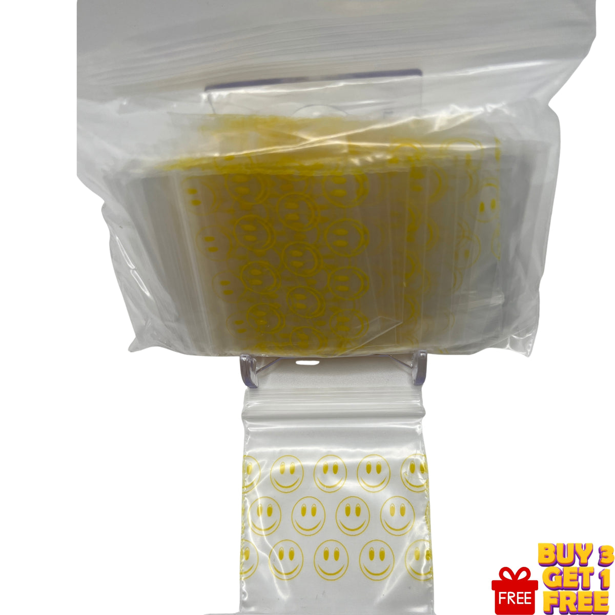 Close-up photo: Close-up of Yellow Smiling Face print on a 50x50mm (2x2 inch) poly baggie with zip seal.