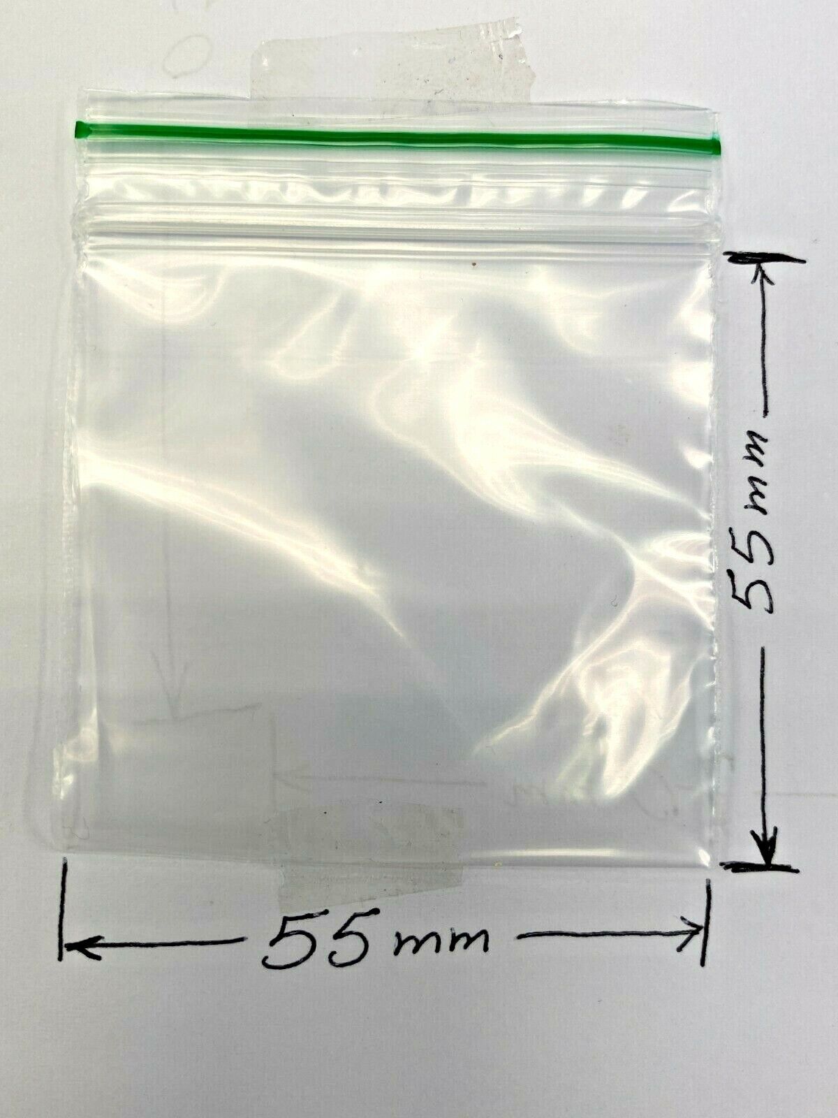 A clear plastic zip-top bag with a green seal line, shown on a white background  indicating 55 mm width and 55 mm height.