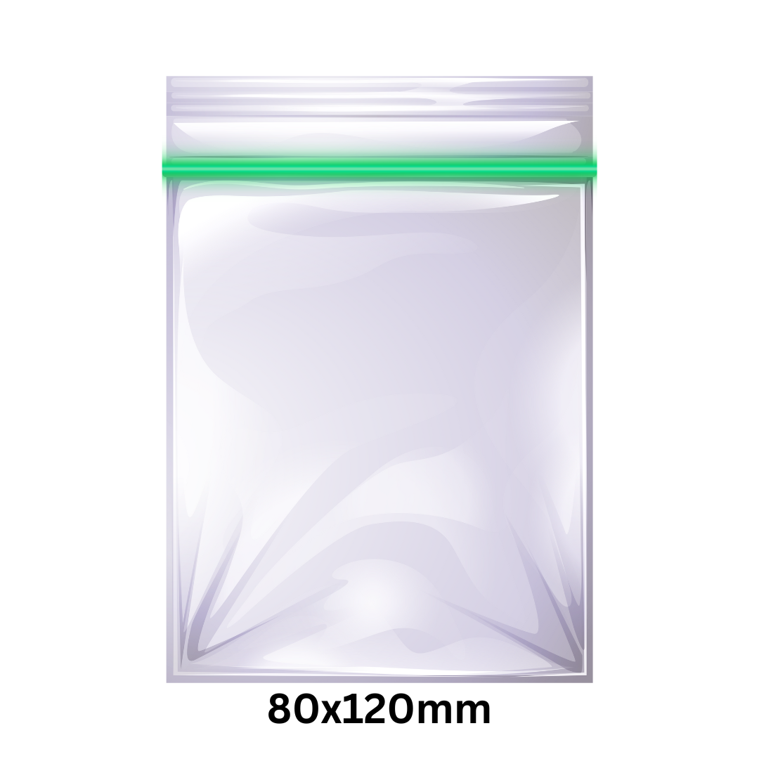A clear plastic zip-top bag with a green seal strip, shown on a white background with the text '80x120mm' below it.