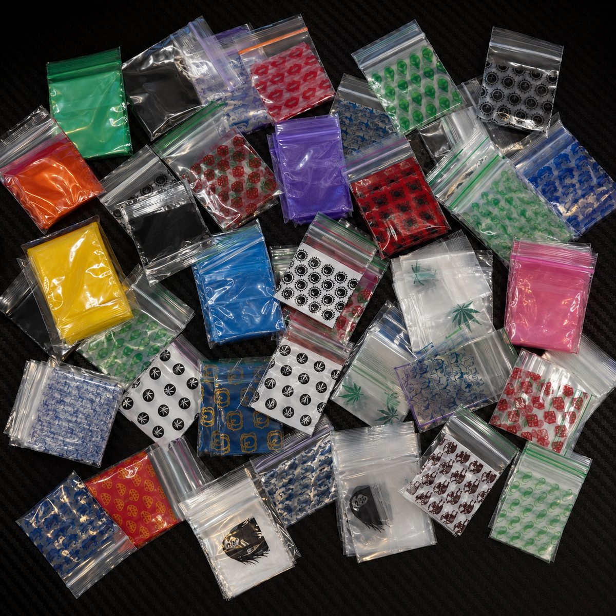 A collection of small 45x45mm clear and printed plastic zip bags .
