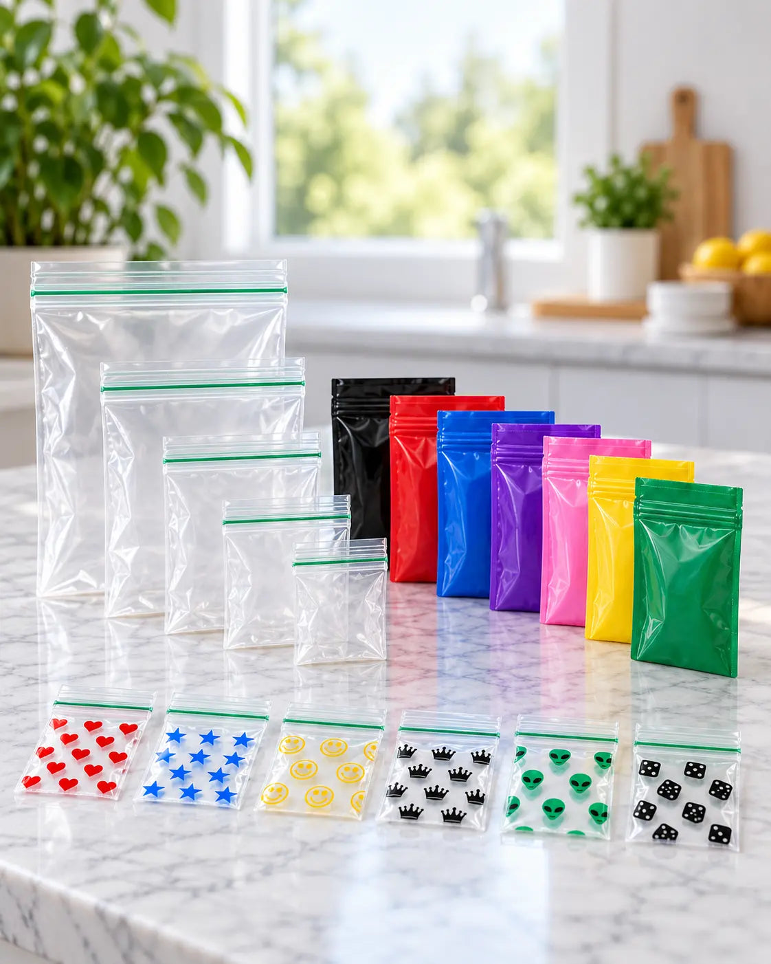 Clear, coloured and printed resealable zip bags displayed on a marble countertop for Bags4UK