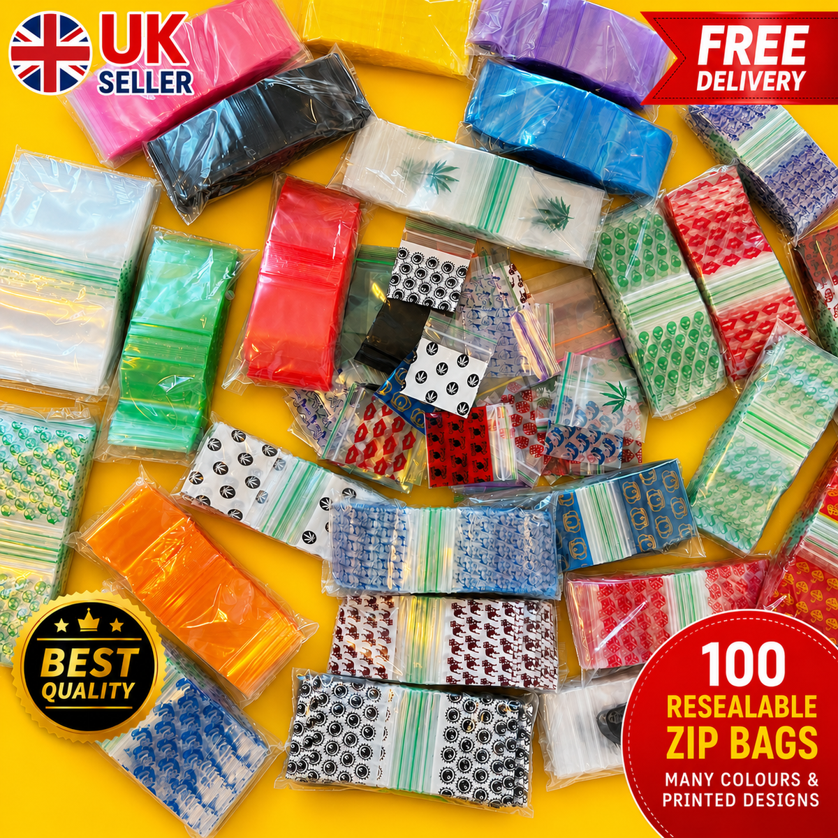 A bulk assortment of 100 resealable zip bags in various colors and printed designs. The bags are packaged in clear plastic sleeves and arranged on a bright yellow background.