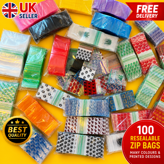 A bulk assortment of 100 resealable zip bags in various colors and printed designs. The bags are packaged in clear plastic sleeves and arranged on a bright yellow background.
