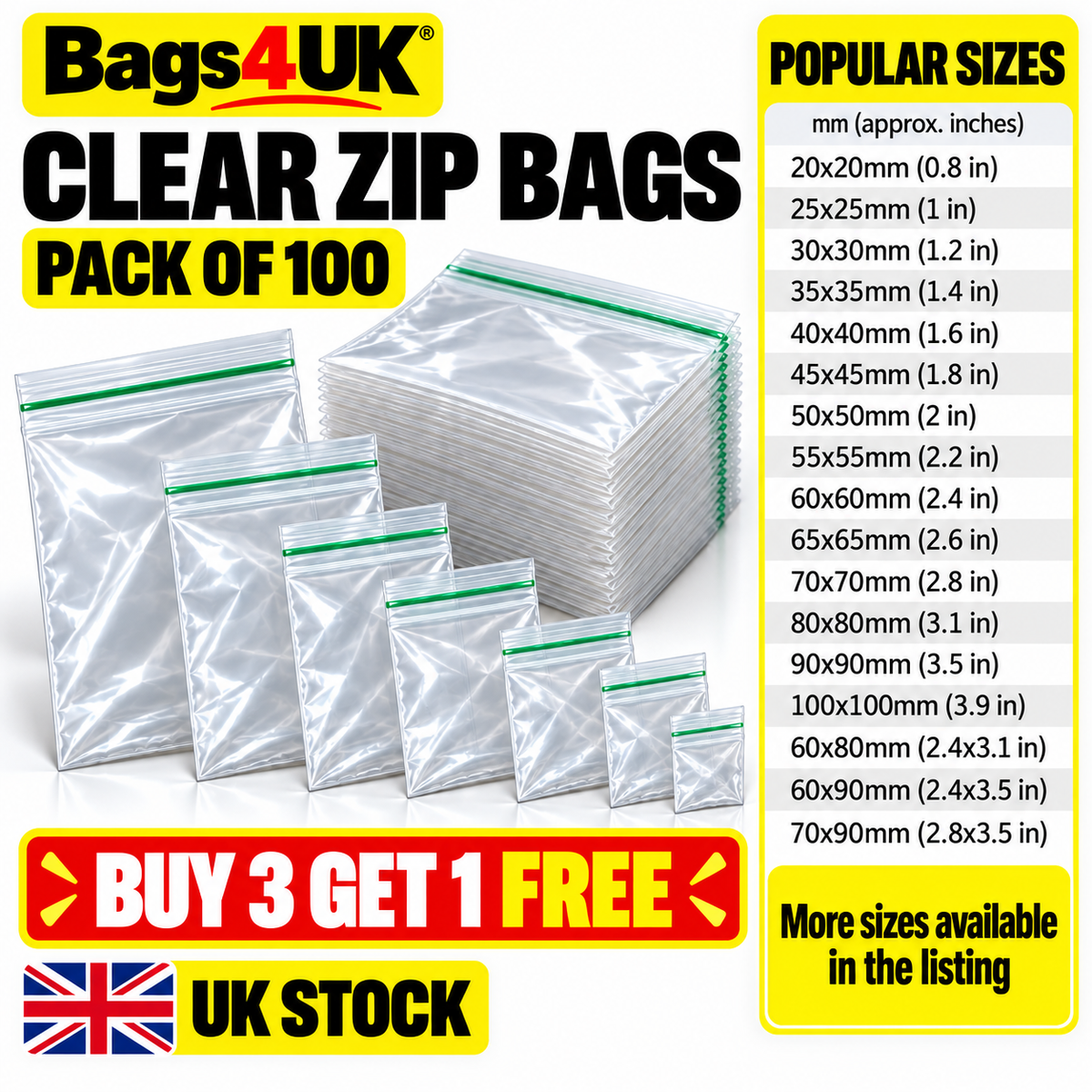 small Clear zip bags pack of 100 with popular sizes, resealable plastic bag size guide and UK stock offer